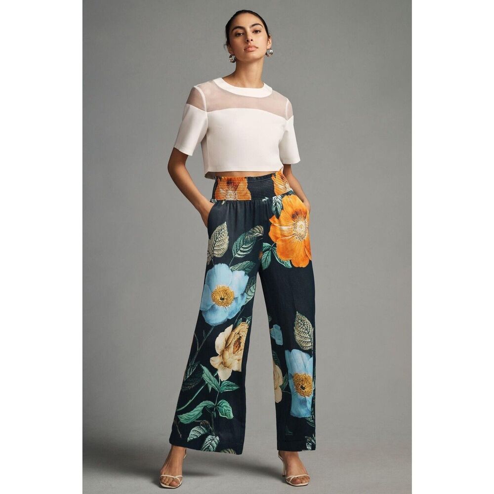 Anthropologie Floral Wide-Leg Pants - Black, Orange, Blue